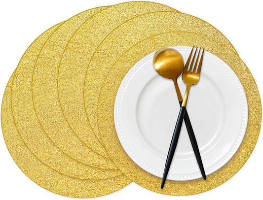 50 Pieces Gold Glitter Paper Place Mats Sparkle 14'' Round Disposable Table Mats Golden Sequin Doilies Decorative Placemats for Wedding Banquet Party Home Dining Tableware
