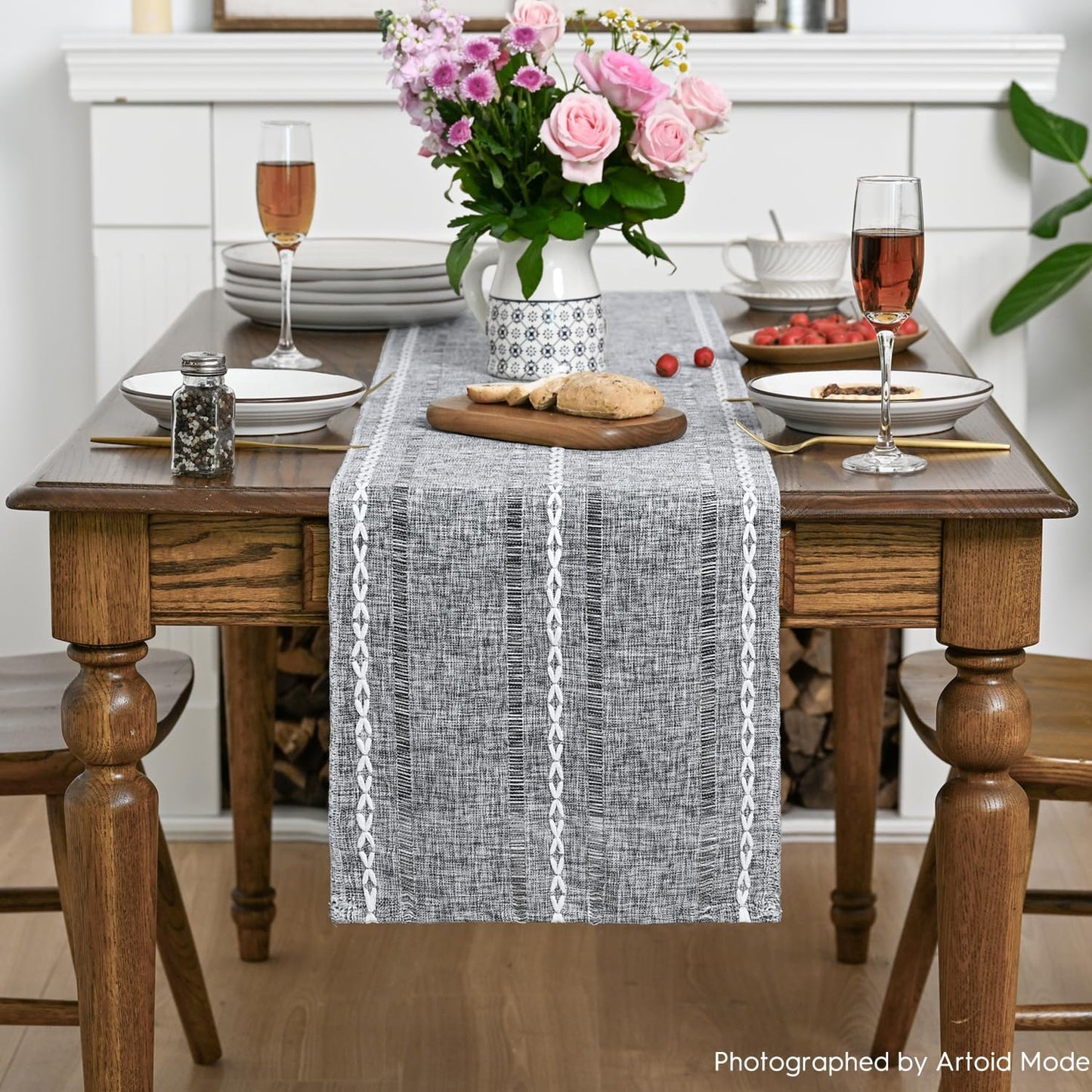 Artoid Mode Dark Grey Rustic Cotton Linen Table Runner, Seasonal Embroidered Hollow Kitchen Dining Table Decoration for Home Party Decor 13x90 Inch