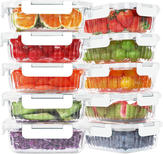 KOMUEE 10 Packs 22 oz Glass Meal Prep Containers, Glass Food Storage Containers with Lids, Airtight Glass Lunch Containers, Microwave, Oven, Freezer and Dishwasher Safe, White