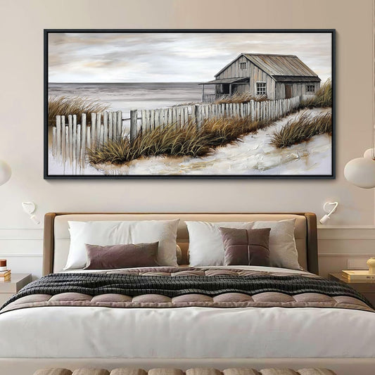YDYSUNE Village Coastal Wall Art for Living Room - Retro Beach Fenced House Large Canvas Wall Decor for Home Artwork Painting Print for Bedroom Decoration Kitchen Office Hang a Picture Framed 29x58 Inches