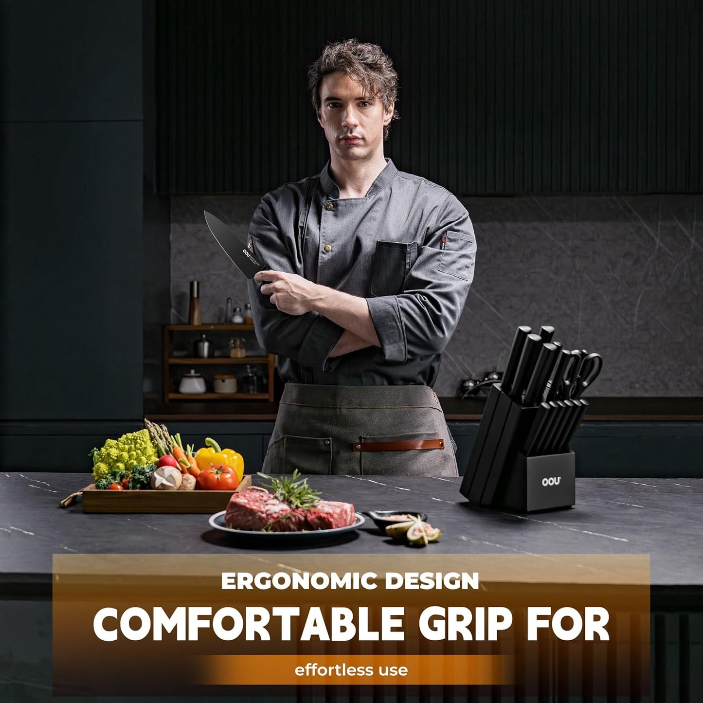 OOU Kitchen Knife Block Set - 15 Pieces High Carbon Stainless Steel Chef Knife Sets, Anti-Rust Black Knives Set with Built-in Sharpener Block, Black