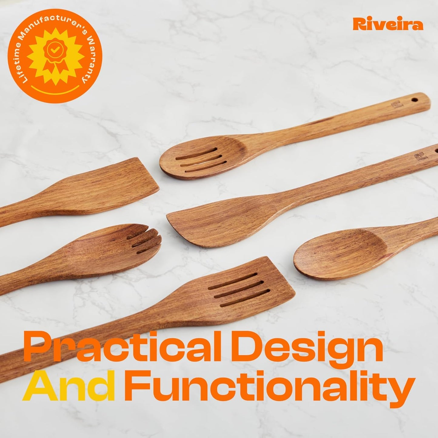 Riveira Teak Wooden Cooking Utensils Set of 6 Premium Quality Non-Toxic Wooden Spoons & Spatula for Cooking, Stirring & Serving