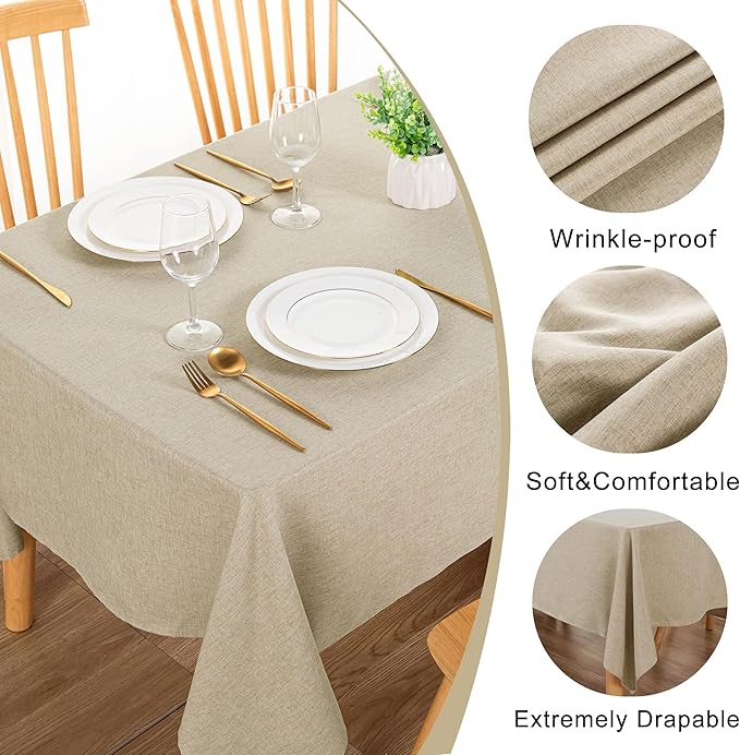 DWCN Faux Linen Tablecloth Rectangle - Beige Tablecloths Fabric Waterproof Spill-Proof Wrinkle and Stain Resistant Decorative Farmhouse Table Cover for Kitchen Dining Party, 60 x 120 Inch