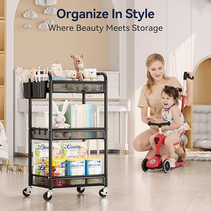 YASONIC 3 Tier Rolling Cart – Metal Utility Storage Carts with Wheels, Craft Cart Organizer with Hanging Cups, Hooks, Mesh Basket for Bedside Kitchen Office Art, Black