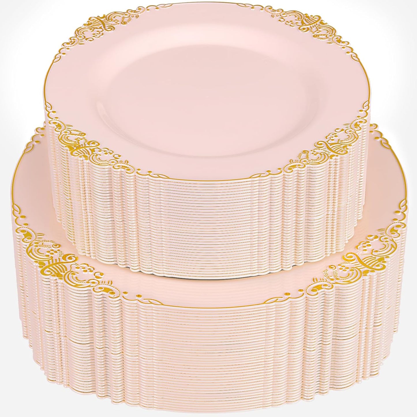 102PCS Pink Plastic Plates - Pink and Gold Plate - Heavyweight Disposable Plate with Gold Rim - Fancy Dinner & Dessert Plates for 51 Guests Weddings & Parties