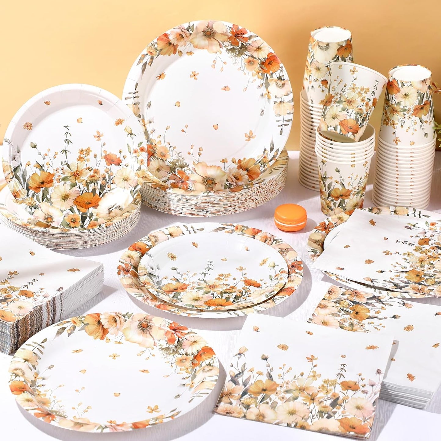 250 Pcs Fall Floral Party Decorations Include Autumn Flowers Paper Plates Napkins and Cups for Autumn Wedding Baby Shower Birthday Party Decorations, Serve 50 Guest