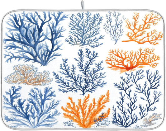 Coral and Seaweed Dish Drying Mat for Kitchen Counter Super Absorbent Dishes Pad Reversible Microfiber Protector Dish Draining Mats 16x18 inch