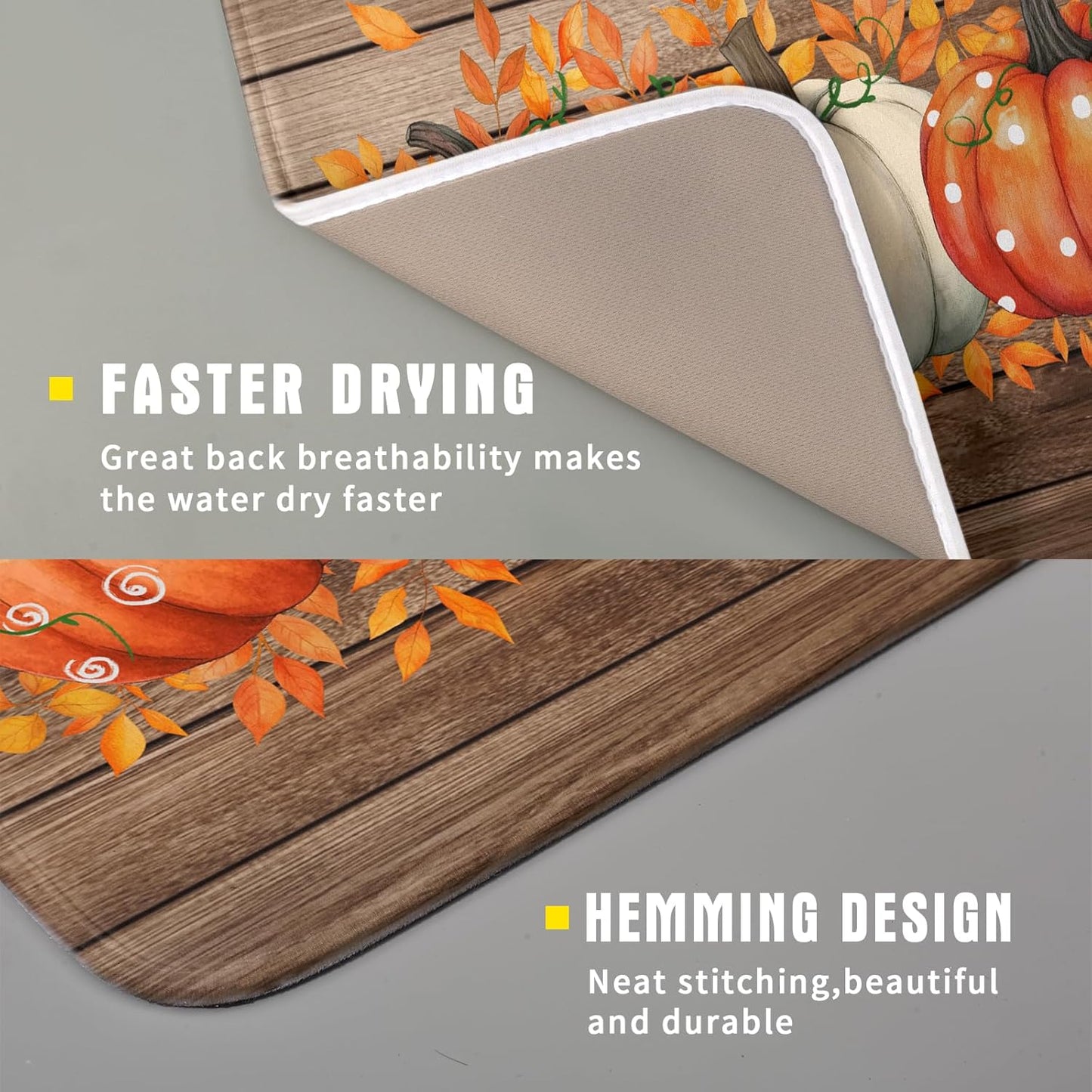 Autumn Pumpkin Dish Drying Mat Rustic Wood Dish Drainer Mats Fast Dry Microfiber Reversible Dish Drying Pad Kitchen Decoration 16x18 inch