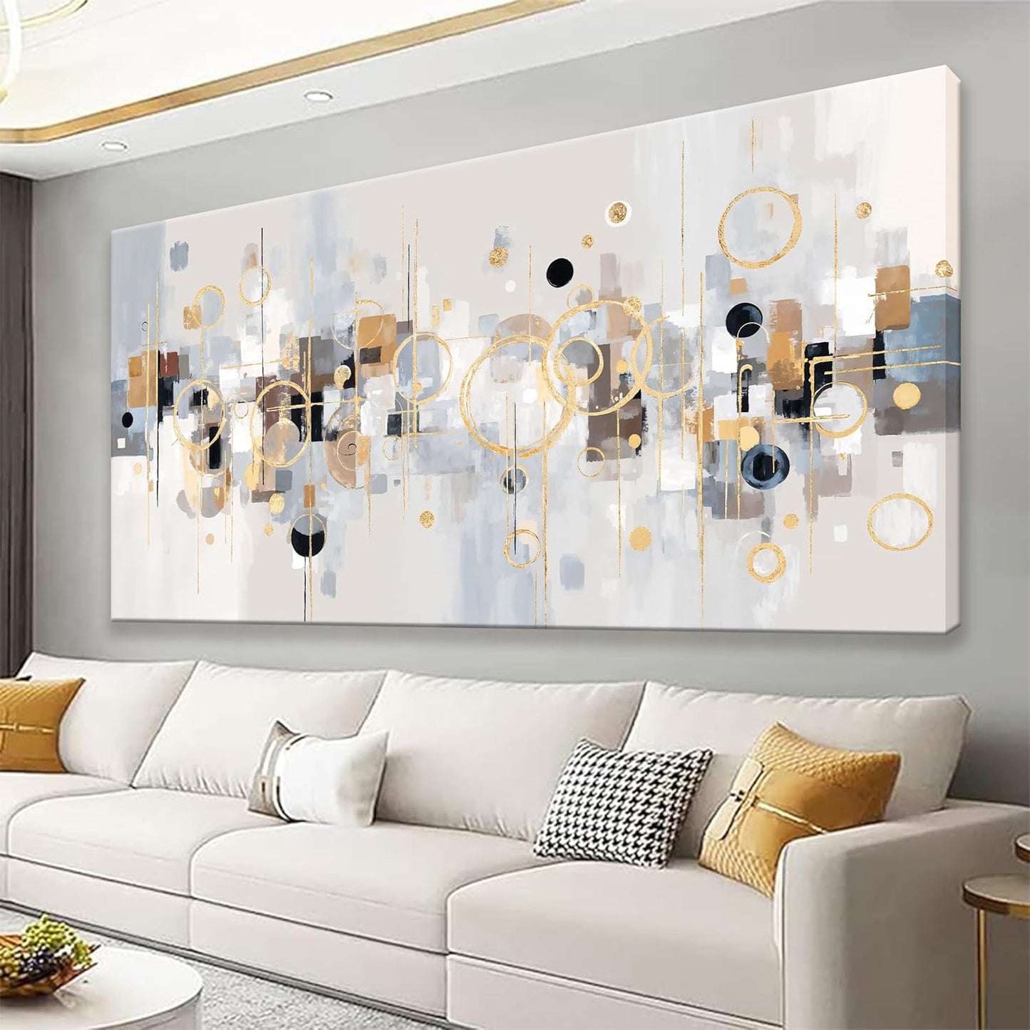 Abstract Gold Circles Grey Wall Art Decor Modern Minimalist Circles Artwork Canvas Wall Art For Bedroom Living Room Kitchen Office Home Wall Decor Ready To Hang 24x48 Inch