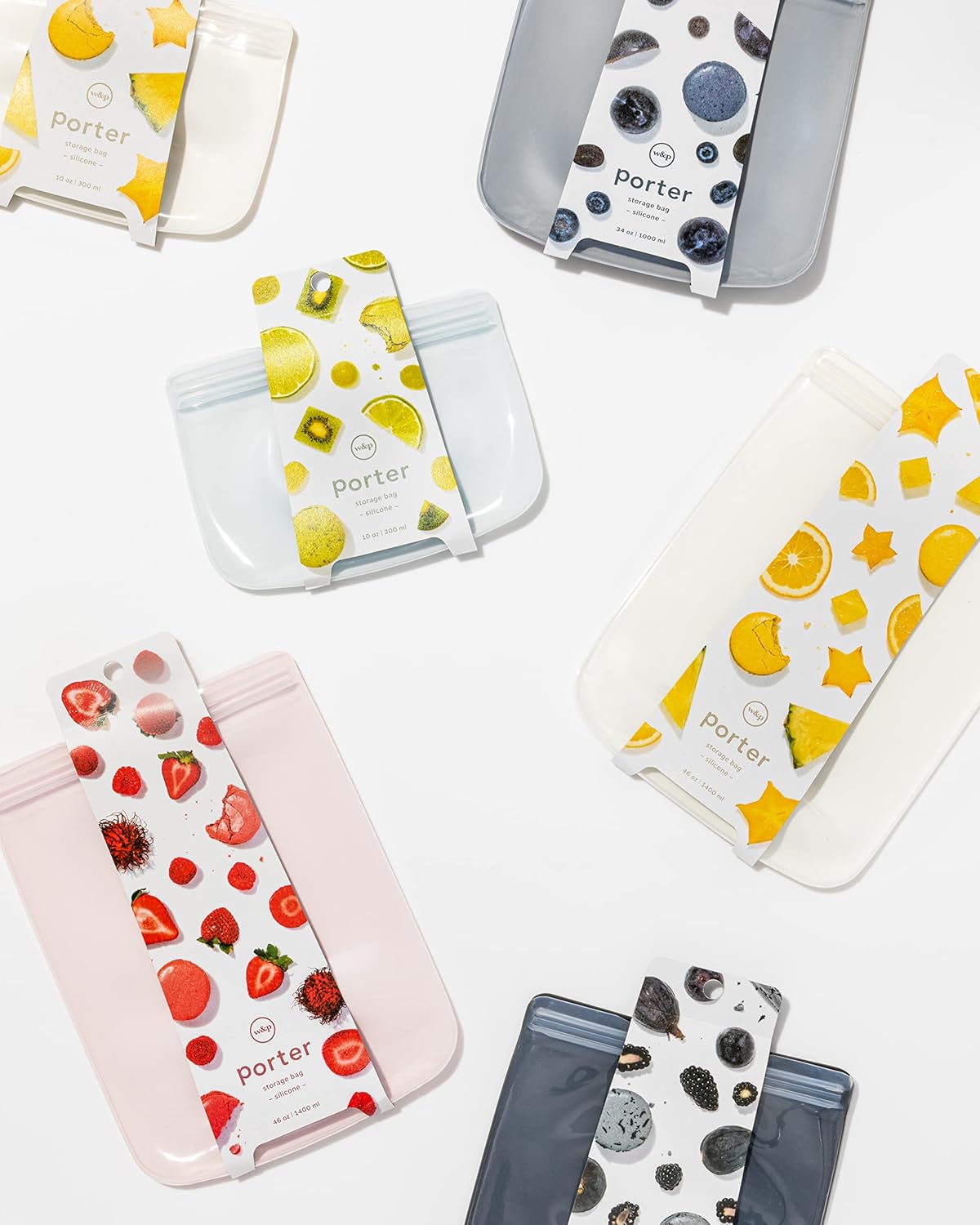 W&P Porter Silicone Reusable Storage Bags, Variety 5 Pack (10oz, 34oz, 46oz, 36oz, 50oz), Cream, Food Storage Container, Microwave and Dishwasher Safe, Easy Cleaning