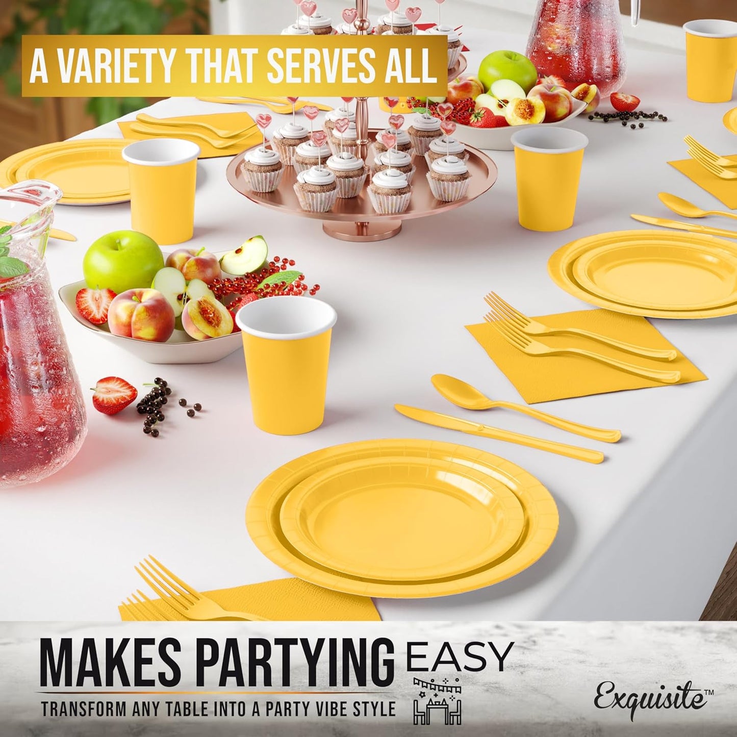 Exquisite 350 Pieces Yellow Paper Plates For Party, Yellow Disposable Plates Set, 50 Of Each 9" Dinner Plate Set, 7" Dessert Plate, Cups, Napkins & Cutlery Paper Dinnerware