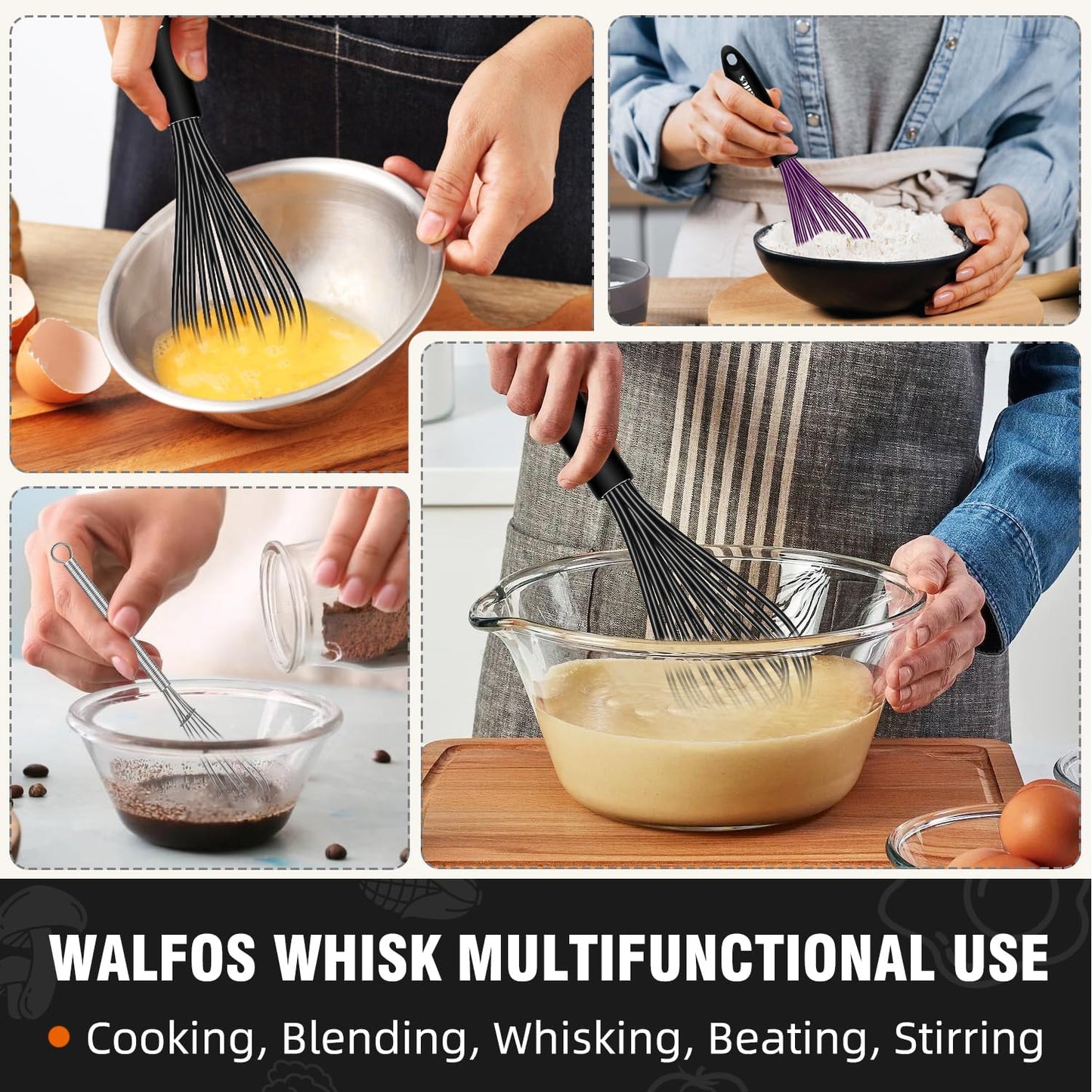 Walfos Whisks,Silicone Whisk Non Scratch,Whisks for Cooking,BPA free and Dishwasher Safe.Nice for Mixing and Beating.5pcs whisk set (5+7in mini whisk +7+9+11in balloon whisk)