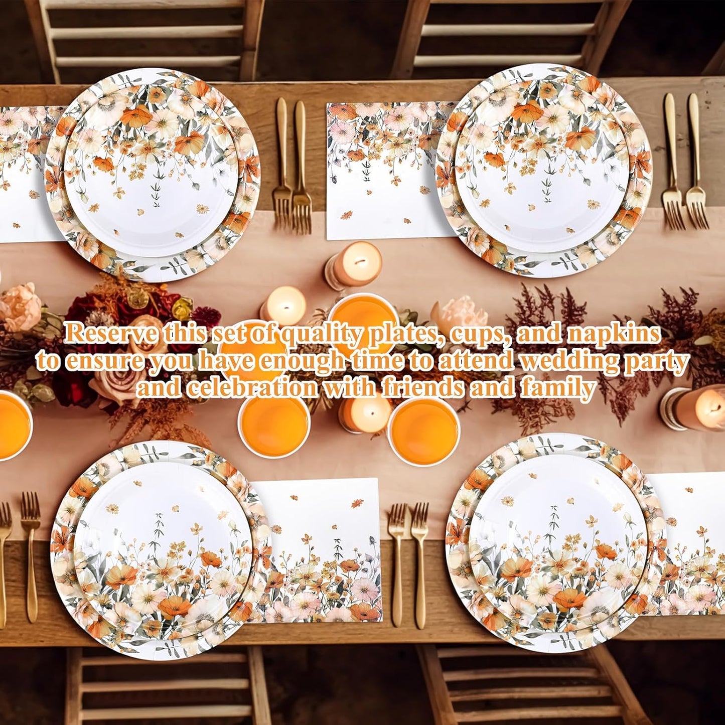 250 Pcs Fall Floral Party Decorations Include Autumn Flowers Paper Plates Napkins and Cups for Autumn Wedding Baby Shower Birthday Party Decorations, Serve 50 Guest