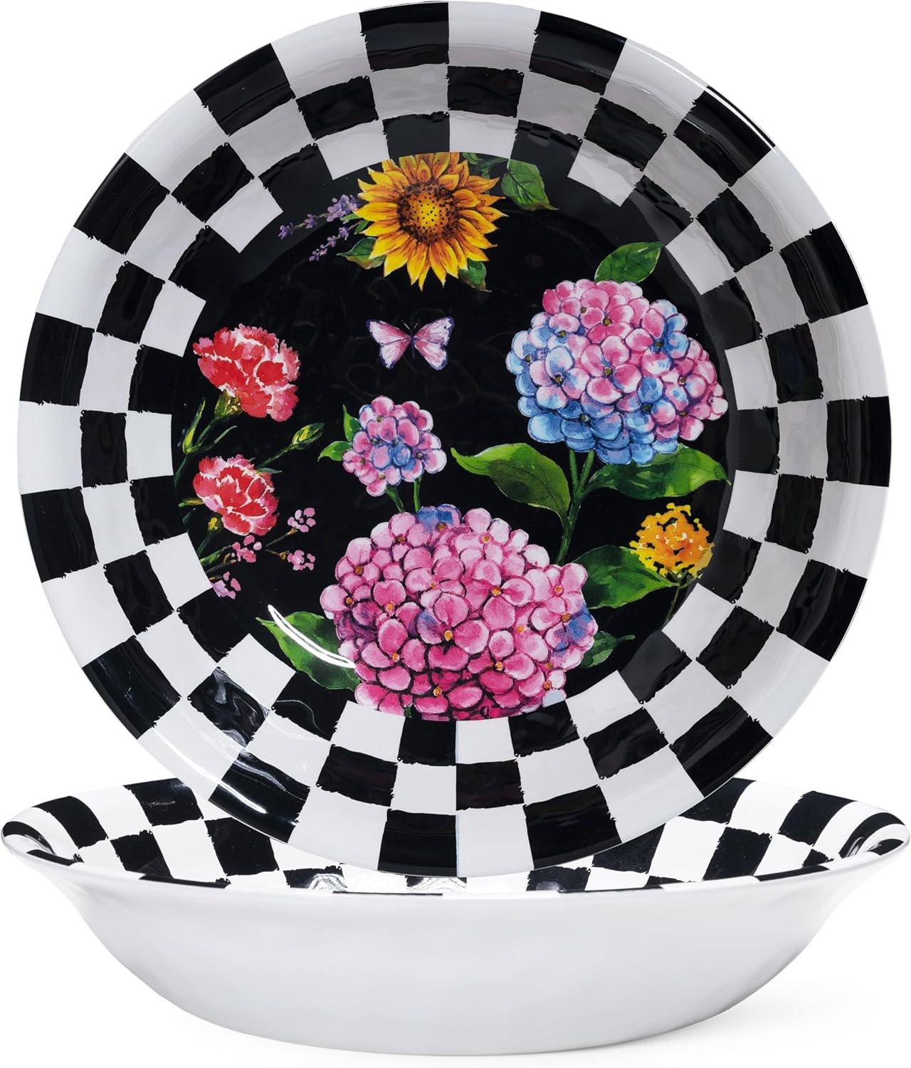 LEHAHA Melamine Large Serving Bowls, Set of 2, Sunflower 13.75" x 2.75" (130 OZ) Pasta and Salad Bowl, Black Plaid Durable for Kitchen, Dishwasher Safe