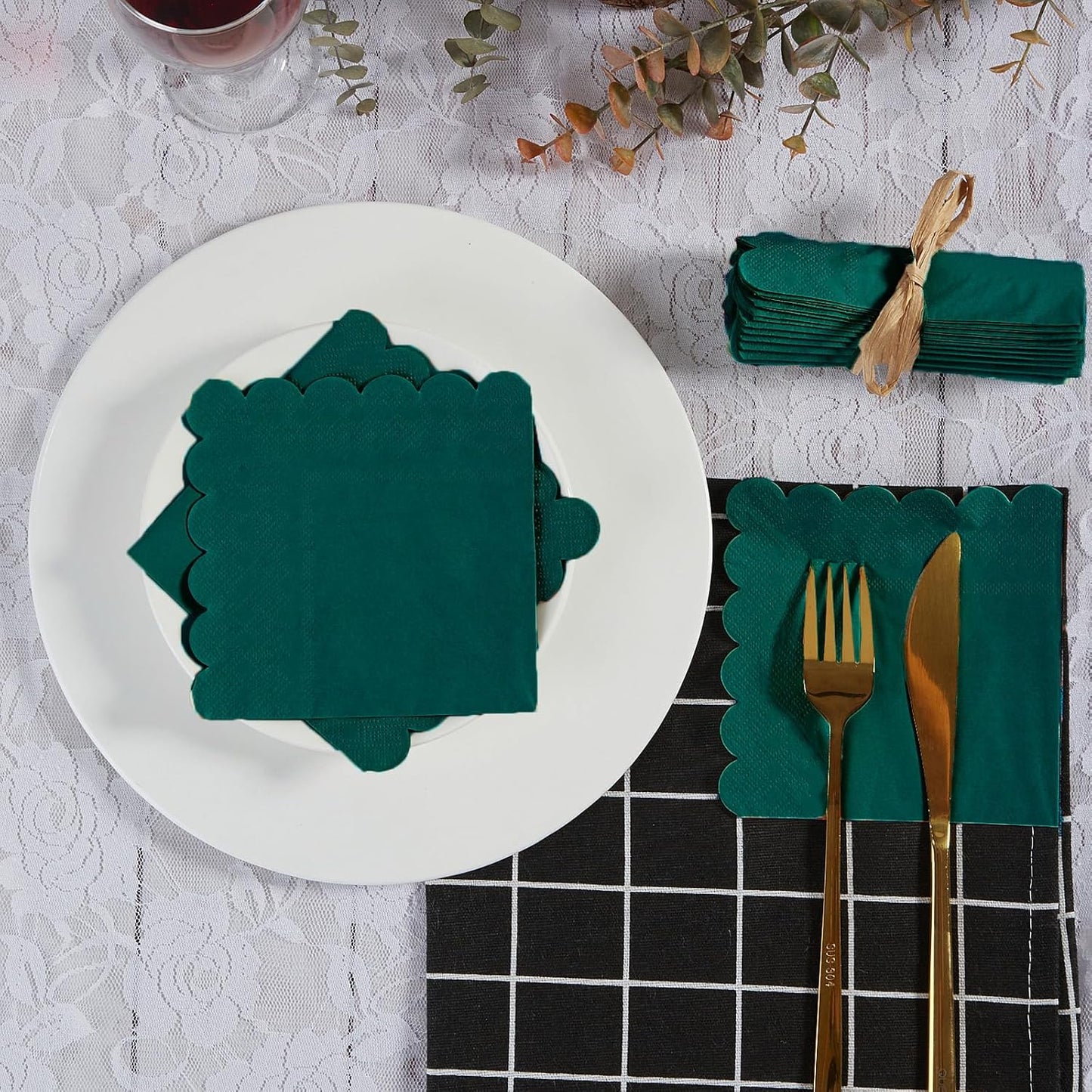 100 Pack Cocktail Napkin 2-Ply Scalloped Edged Dessert Napkins Folded 5 x 5 Inches Disposable Napkins for Dinner Wedding Birthday Party Bridal Anniversary Reception Event (Dark Green)