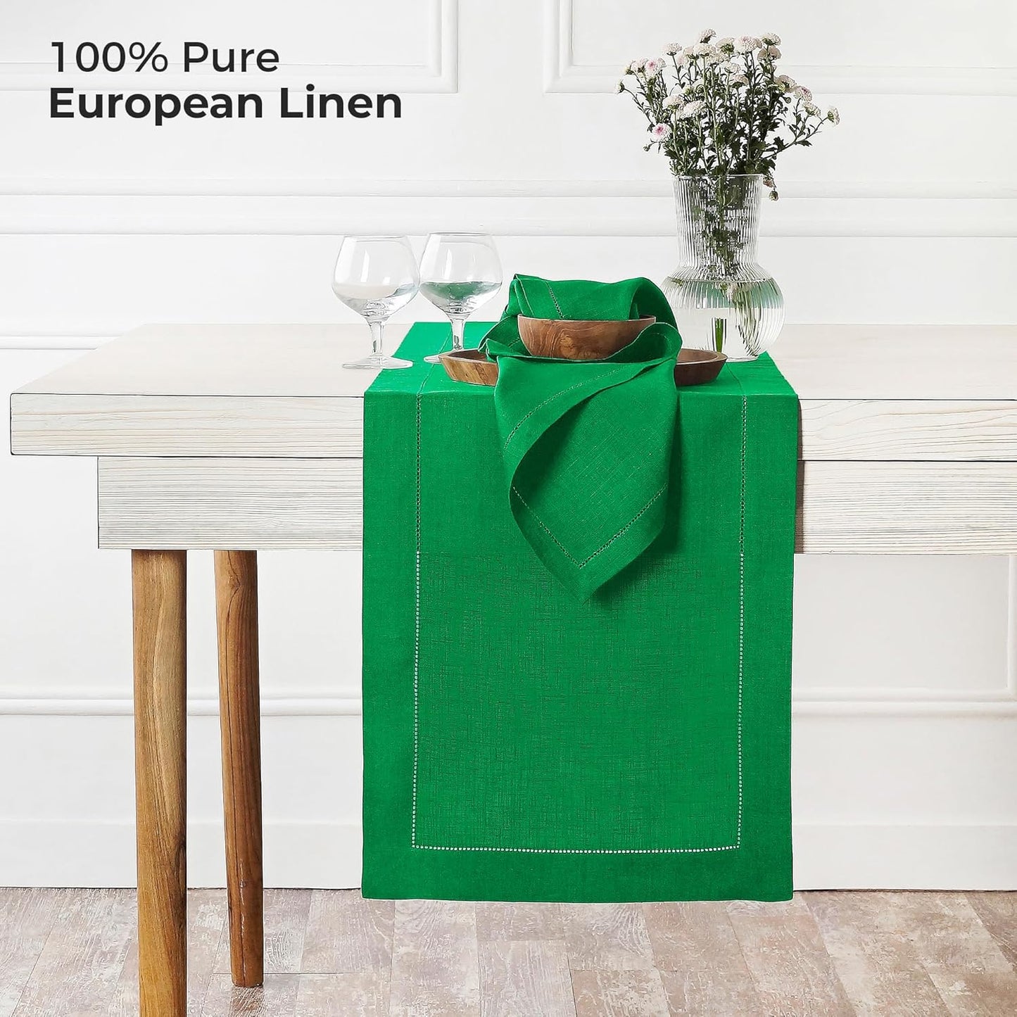 D'Moksha Homes Linen Kelly Green Table Runner 84 Inches Long - 100% Pure Linen Table Runner 14 x 84 Inch for Fall, Autumn and Halloween - Classic Hemstitch