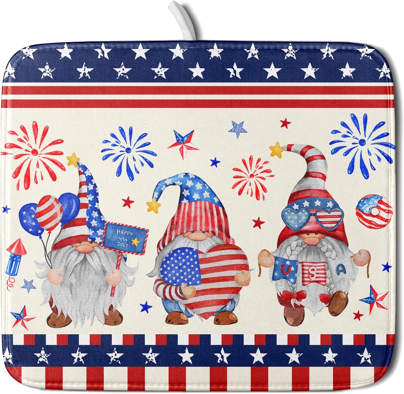 American Gnomes Dish Drying Mat 16x18 for Kitchen Counter, Patriotic Independence Day Decor, Happy 4th of July Microfiber Dishes Drainer Mats Absorbent Foldable Holiday Decor