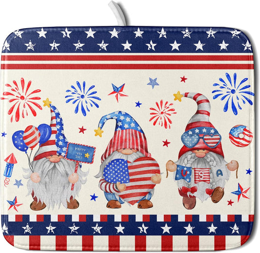 American Gnomes Dish Drying Mat 16x18 for Kitchen Counter, Patriotic Independence Day Decor, Happy 4th of July Microfiber Dishes Drainer Mats Absorbent Foldable Holiday Decor