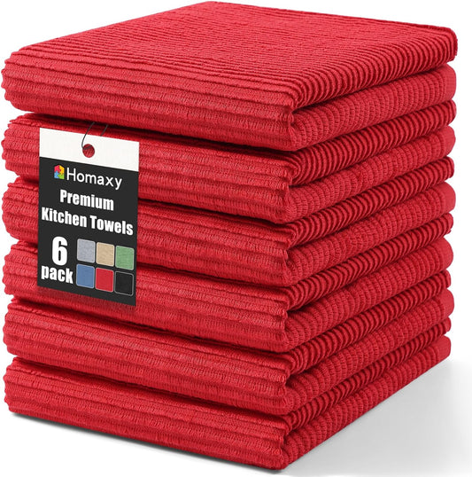 Homaxy Premium Kitchen Towels (18"x 28", 6 Pack), Large 100% Cotton Kitchen Hand Towels, Ultra Absorbent Ribbed Terry Tea Towels Set with Hanging Loop, Red