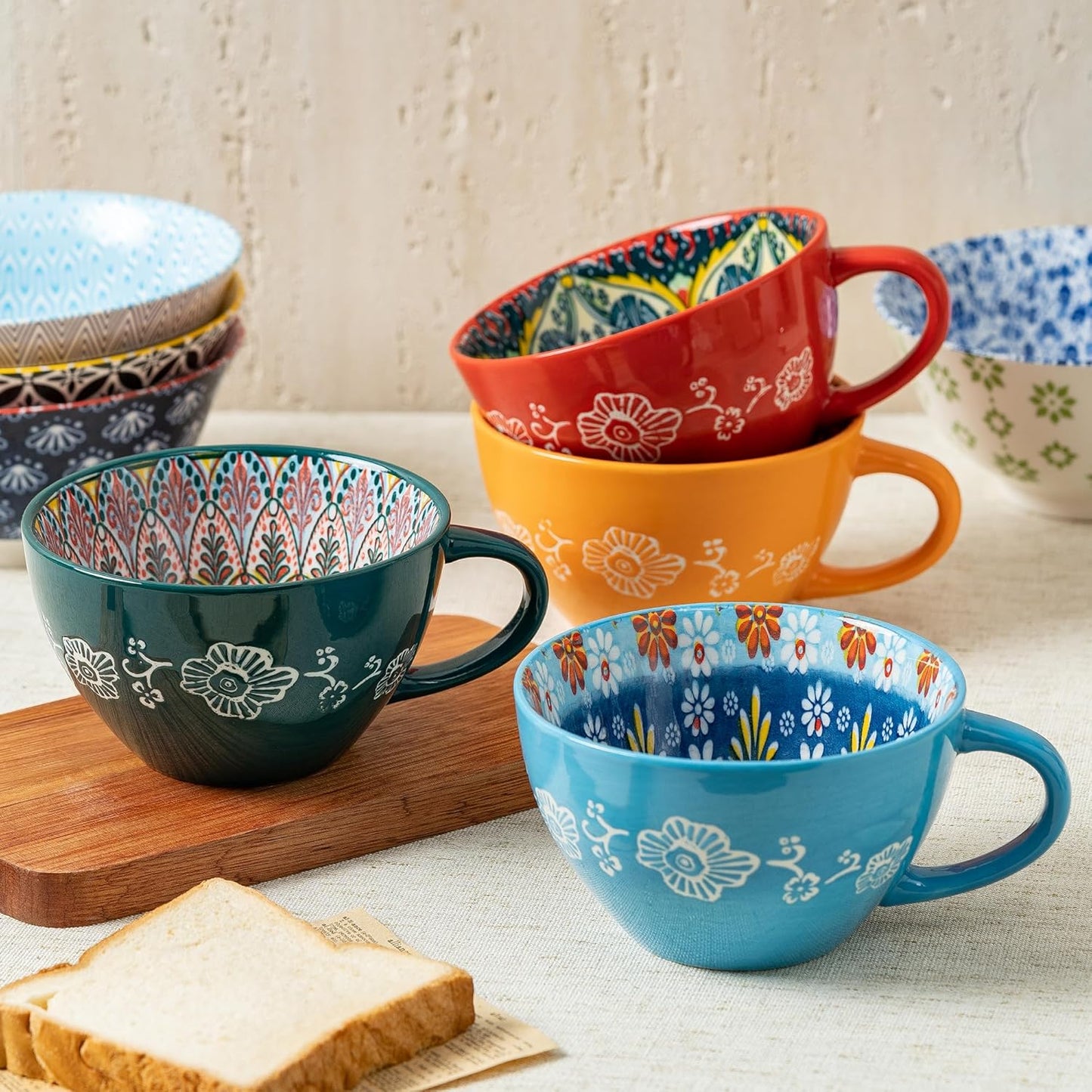 Red Boho Coffee Mug Set of 1 with Coffee Spoon, Ceramic Large Cups 15 oz/ 450ml, Porcelain Cups for Latte, Tea, Cappuccino, Cocoa, Soup, Dishwasher Microwave Safe, Gift Set Bohemian Style