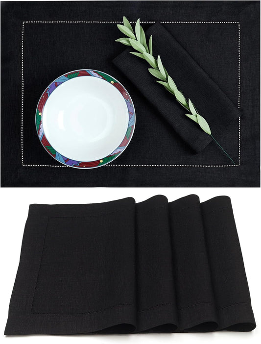 D'Moksha Homes Linen Placemats Set of 4 - Classic Hemstitch Black Placemats 14 x 19 Inch - 100% Pure Linen Table Mats for Fall, Autumn and Halloween - Handcrafted and Machine Washable