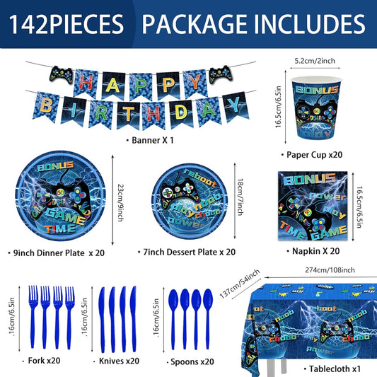 142 Pcs Video Game Birthday Decorations Gaming Birthday Party Supplies Disposable Paper Plates Napkins Cups Serve 20