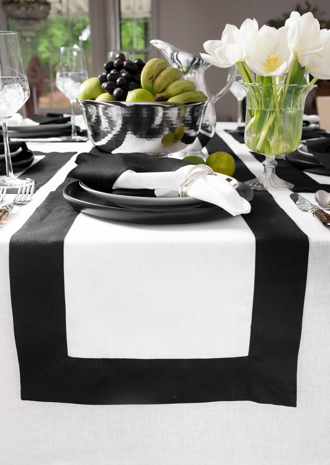 Solino Home Linen Table Runner 48 Inches - 100% Pure Linen Black and White Table Runner 14 x 48 Inch Ideal for Dresser and Coffee Tables - Fall, Autumn, Halloween, Thanksgiving, Holiday - Contempo
