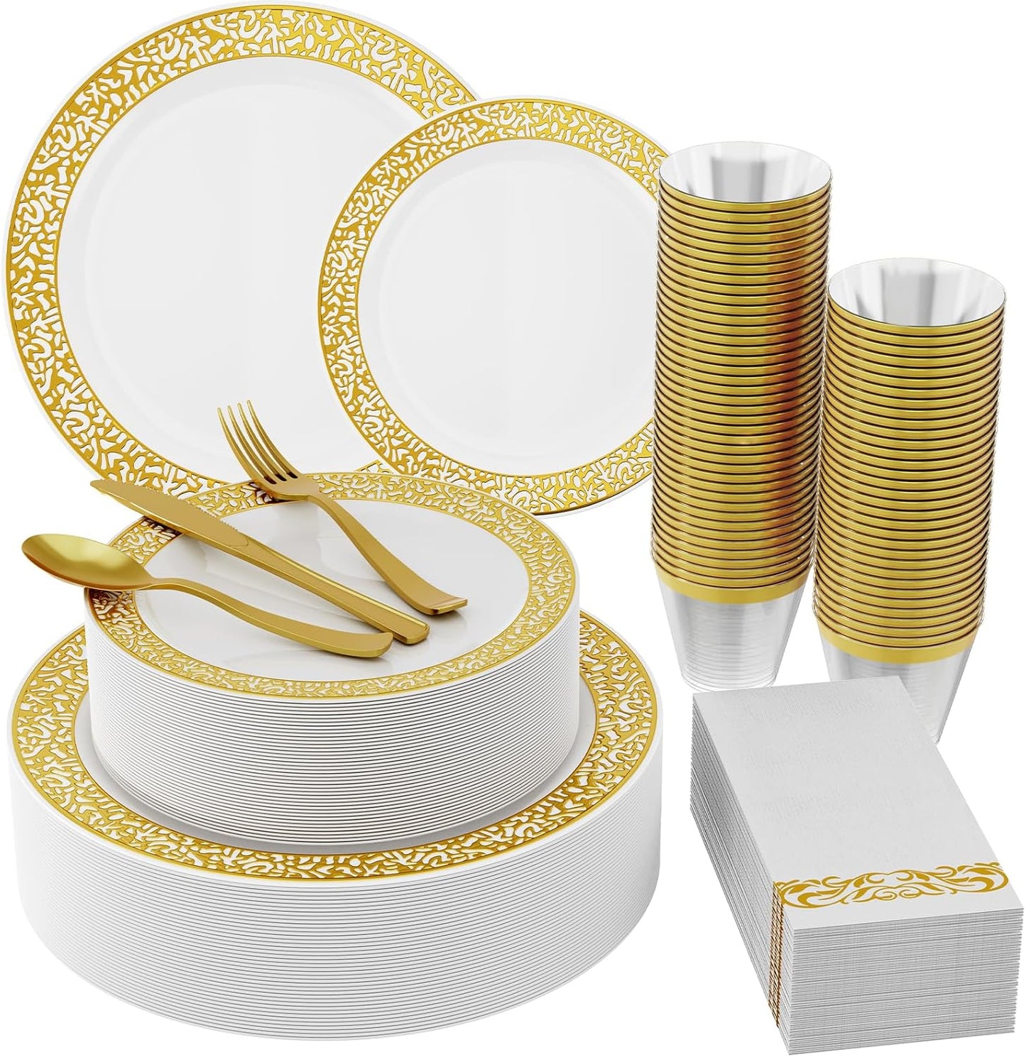 210 Count Gold Plastic Dinnerware, Gold Disposable Plates, Includes: 30 Dinner & 30 Dessert Plates & 30 Cups & 30 Paper Napkins & 30 Plastic Silverware Set