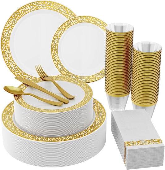 210 Count Gold Plastic Dinnerware, Gold Disposable Plates, Includes: 30 Dinner & 30 Dessert Plates & 30 Cups & 30 Paper Napkins & 30 Plastic Silverware Set