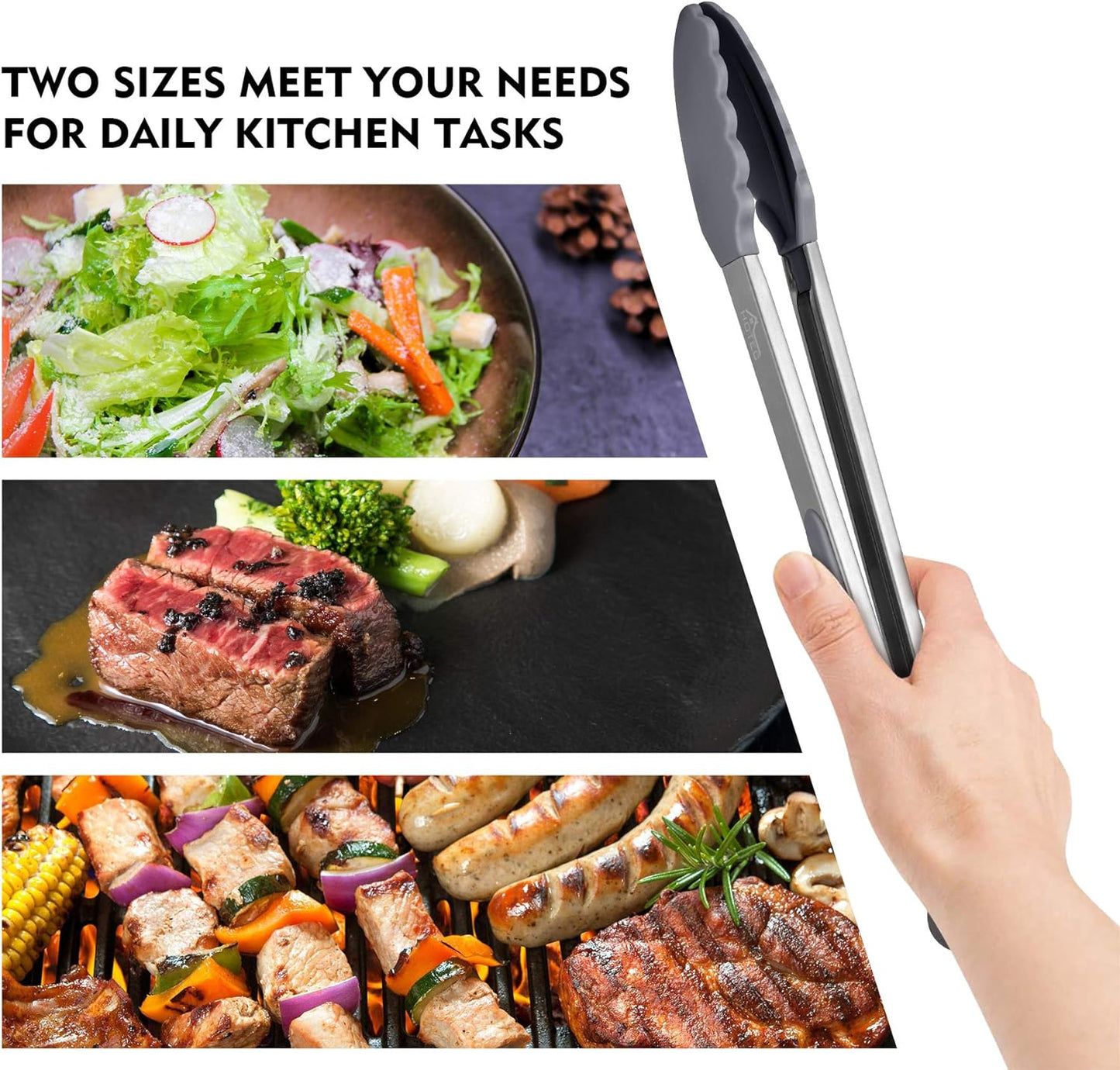 HOTEC Premium Stainless Steel Locking Kitchen Tongs with Silicon Tips, Set of 2-9" and 12" Light Grey