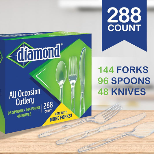 Diamond® Premium Clear Plastic Cutlery Set – 288 Count (144 Forks, 96 Spoons, 48 Knives), Disposable Full-Size Utensils, Party & Everyday Use