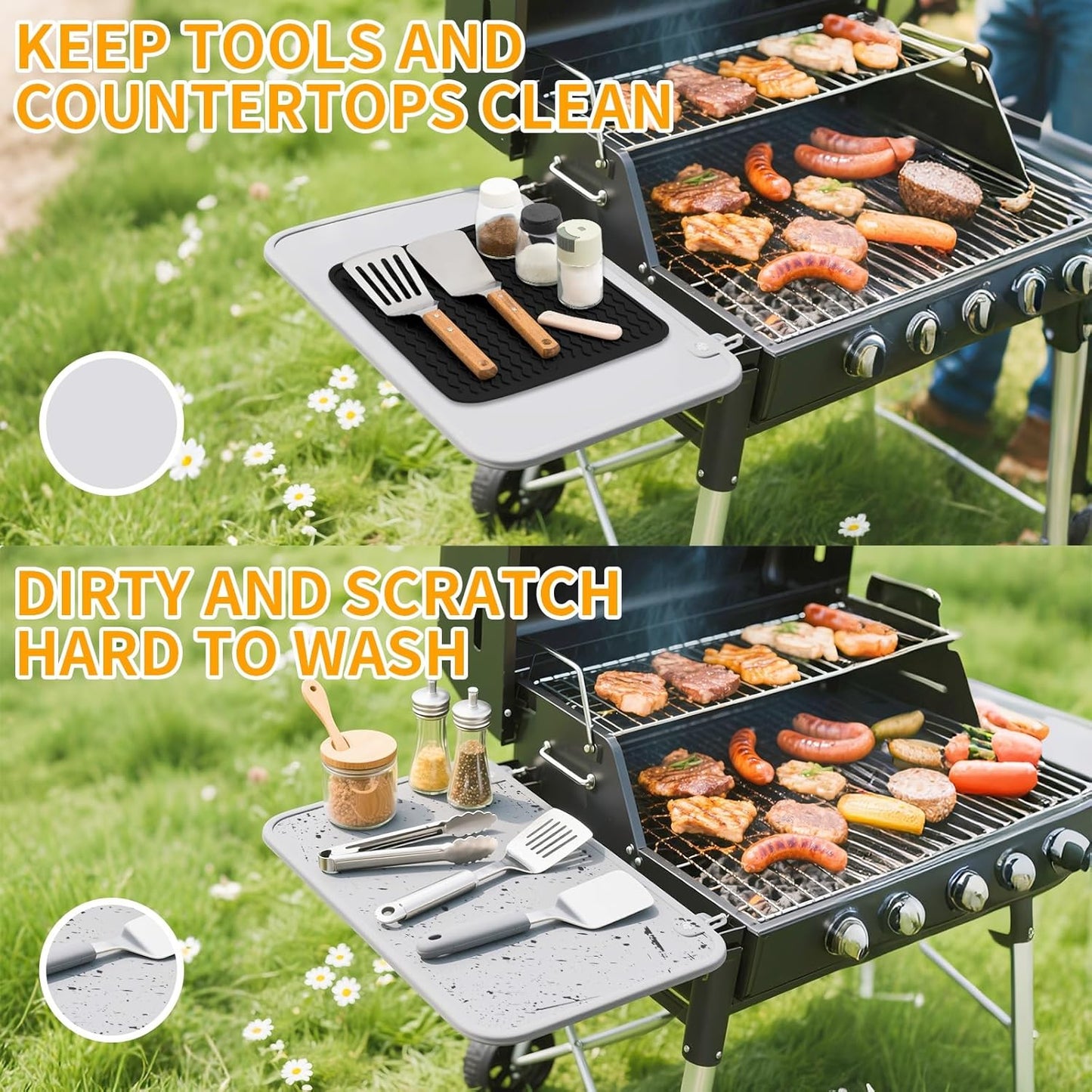 Blackstone Griddle Accessories Silicone Grill Side Shelf Tool Mat, Outdoor BBQ Spatula Mat, with Drip Pad Kitchen Countertop Heat Resistant Mat (Black)