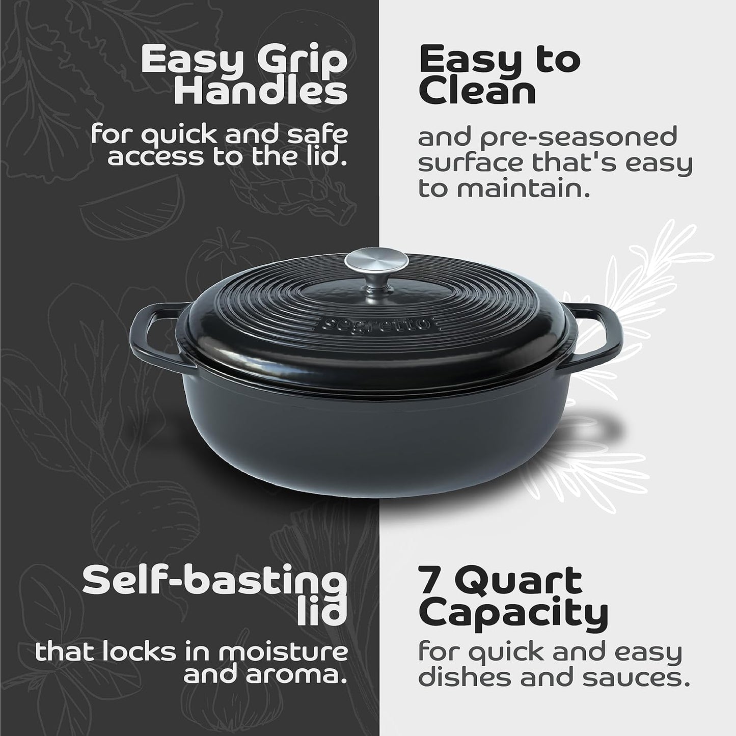 Segretto Cookware Enameled Oval Cast Iron Dutch Oven with Handle, 7 Quarts, Nero (Black), 7qt Cast Iron Pot with Lid | Enamel Dutch Oven for Bread Baking, Ceramic Pots for Cooking, Soup