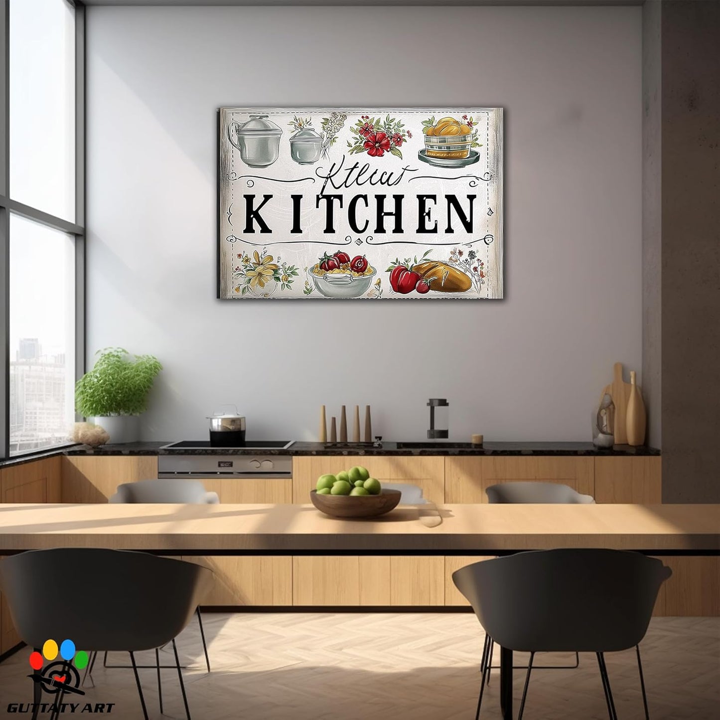 GUTTATY Kitchen Pictures Wall Decor, Farmhouse Wall Art Decor Colorful Vegetables and Flowers Painting for Dinning Room Restaurant Decor, Mother's Day Gift for Grandma Mom Hanging Artwork 32×48 Inch