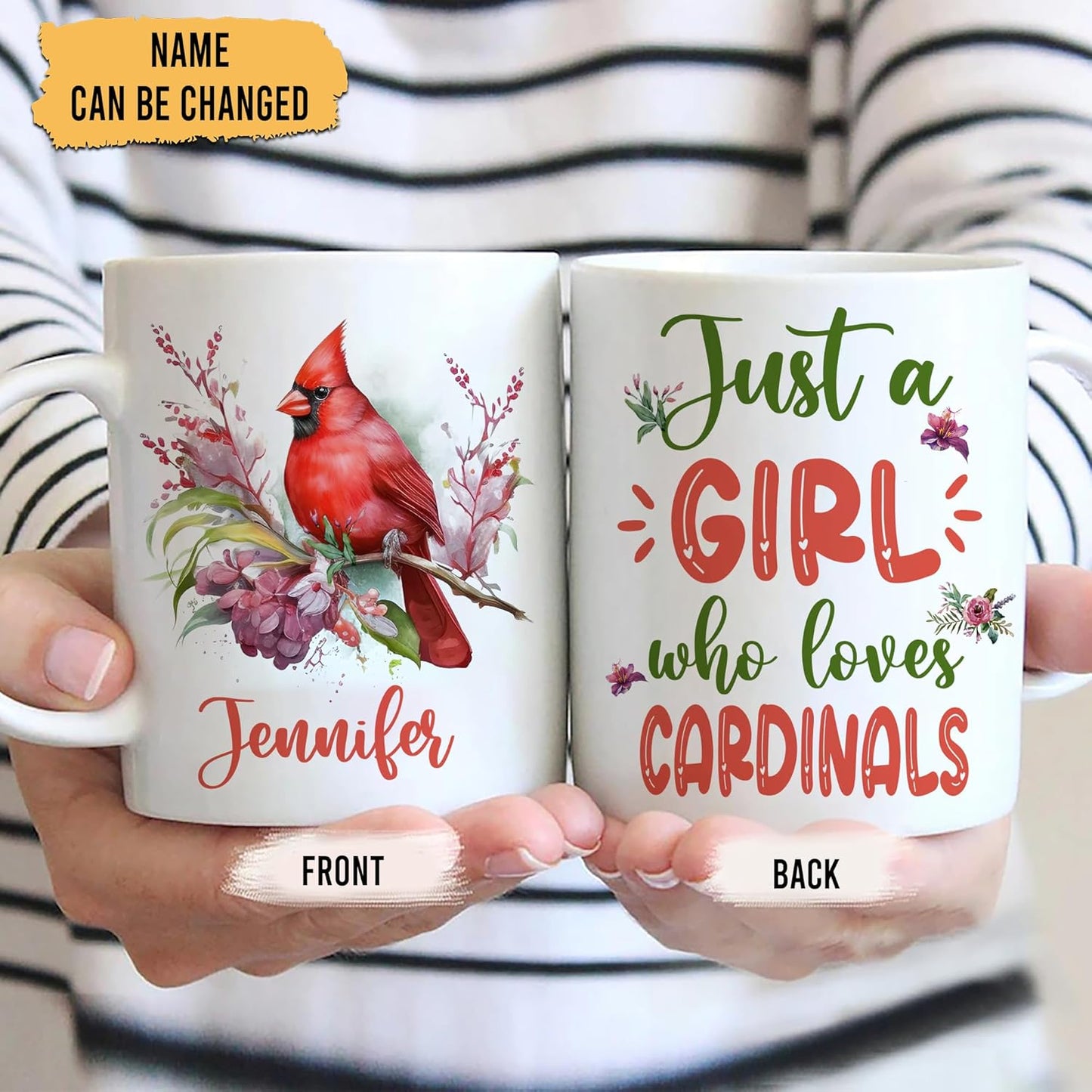 Hyturtle Personalized Gifts Cardinal Lover - Just A Girl Who Loves Cardinals Custom Name Ceramic Coffee Mug Cup 11oz - Idea Cute Animal Lover Gifts For Women, Girl On Birthday, Christmas