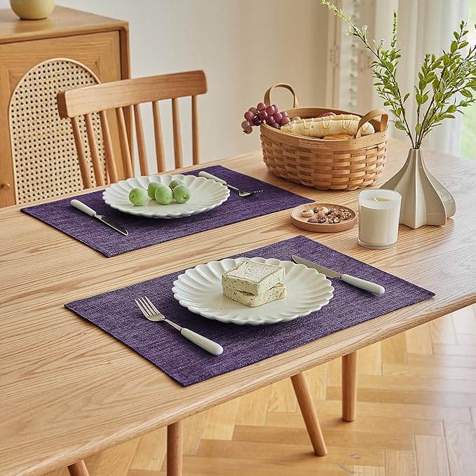 Softalker Faux Linen Placemats Set of 12-12 x 18 Inch, Heat Resistant Double Layered Durable Burlap Farmhouse Place Mats, Non-Slip Washable Rustic Table Mats for Dining, Kitchen, Party（Purple