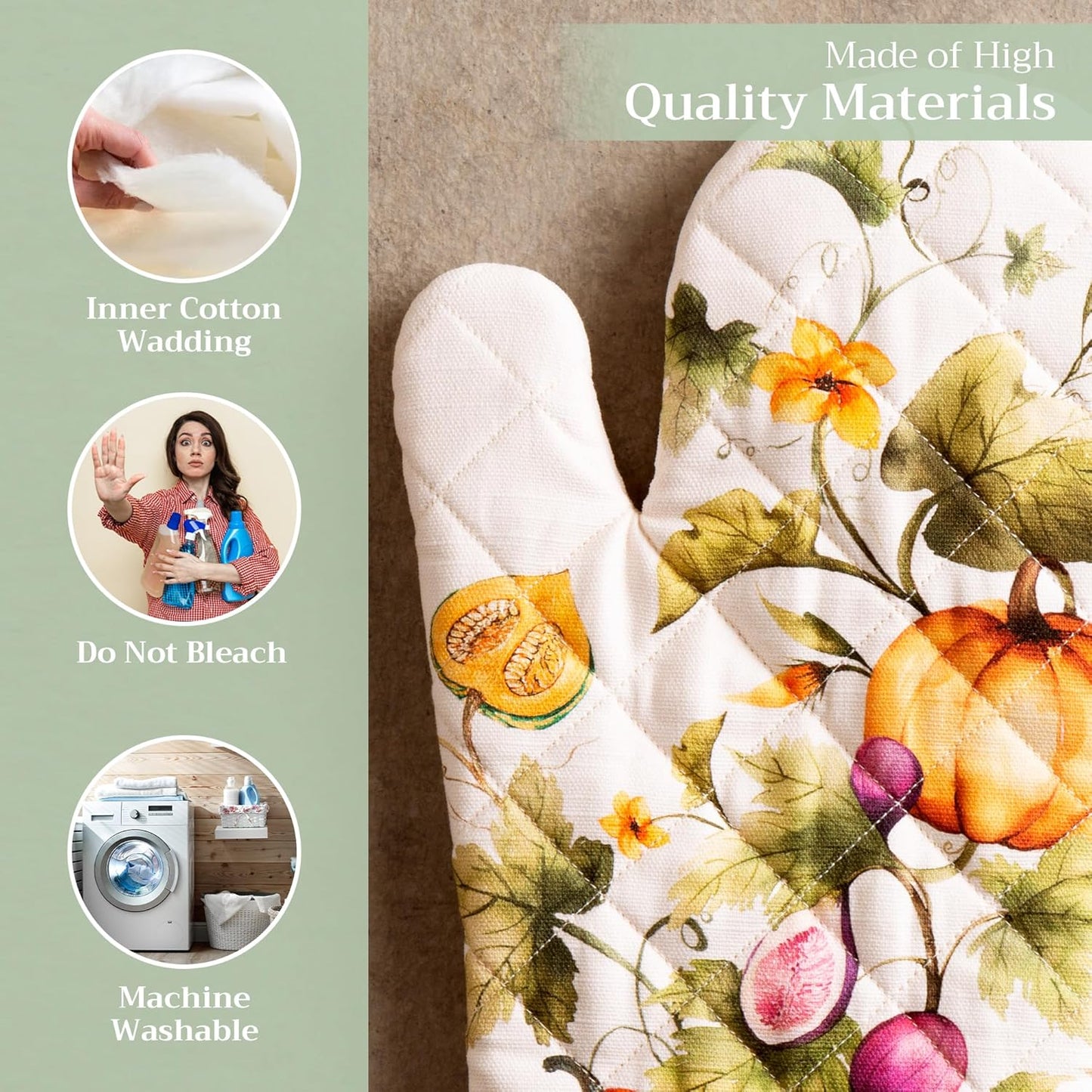 Maison d' Hermine Oven Gloves 100% Cotton Oven Mitt 7" x 13" with Loop Heat Resistant Cooking Gloves for Thanksgiving Christmas Decorations Handling Hot Pans (Pack of 1, Pumpkin Garden - Cloudy Cream)