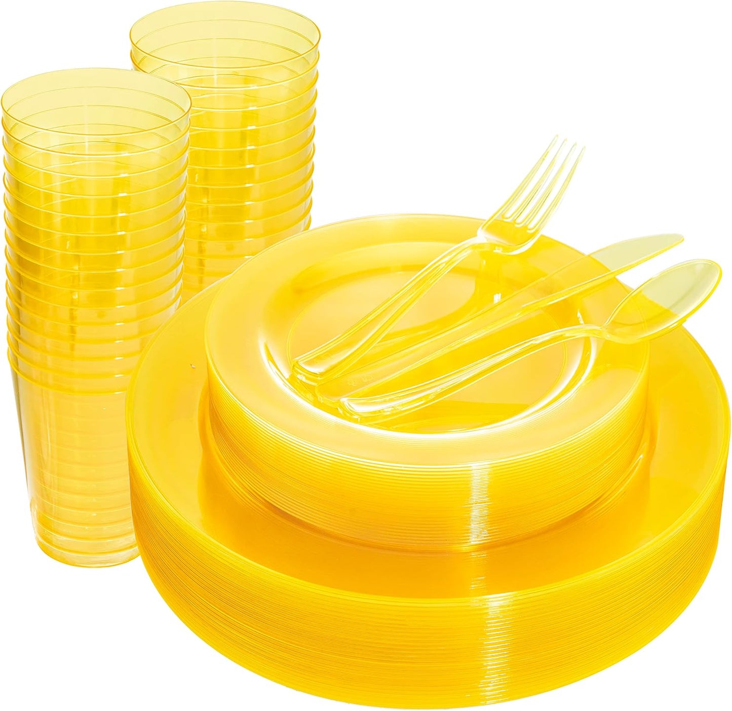 WDF 25 Guest Yellow Plastic Plates -50 Neon Clear Yellow Plates 25Forks, 25Knives,25 Spoons,25Cups for Summer