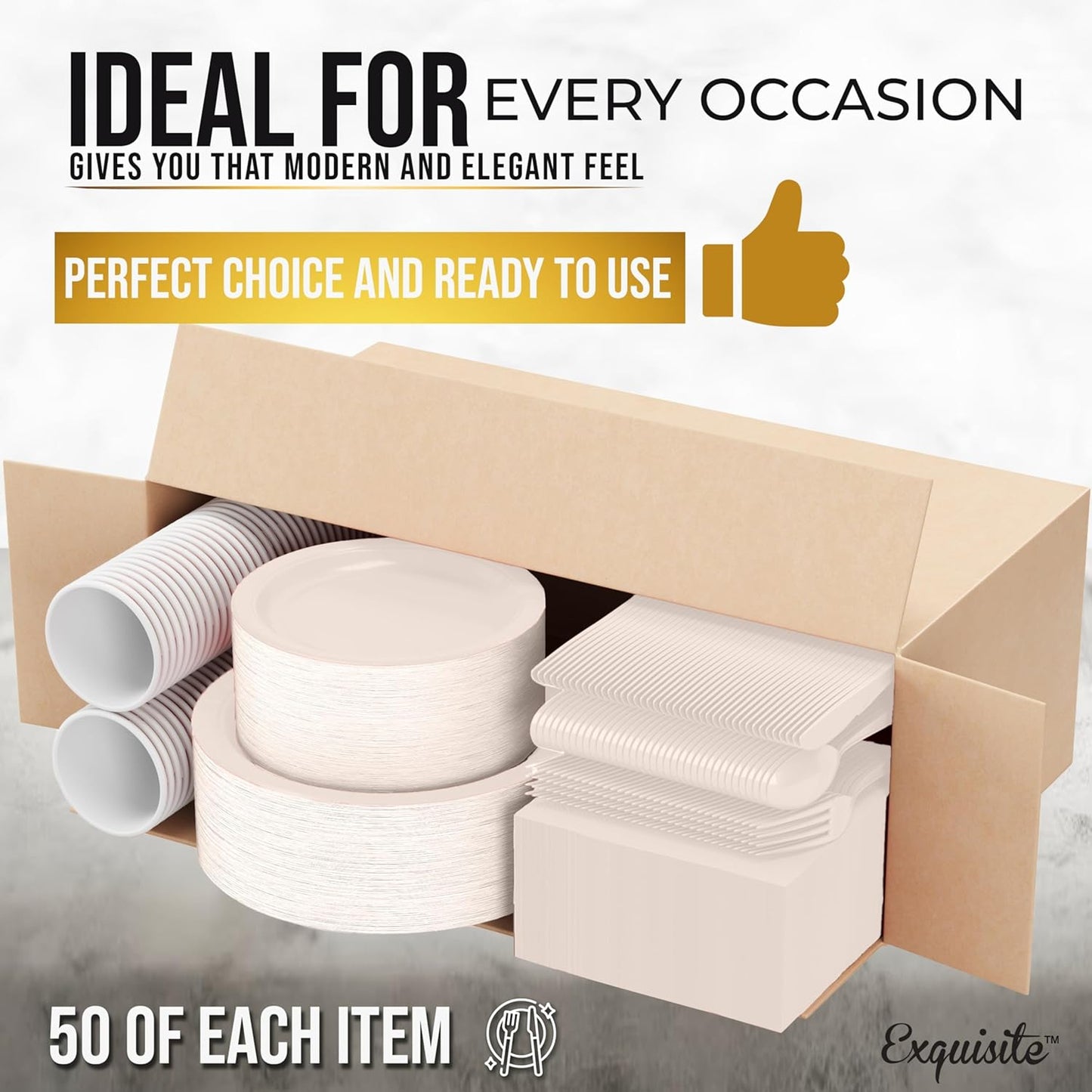 Exquisite 350 Pcs Ivory Paper Plates For Party, Ivory Disposable Plates Set, 50 Of Each 9" Dinner Plate Set, 7" Dessert Plate, Cups, Napkins & Cutlery Paper Dinnerware