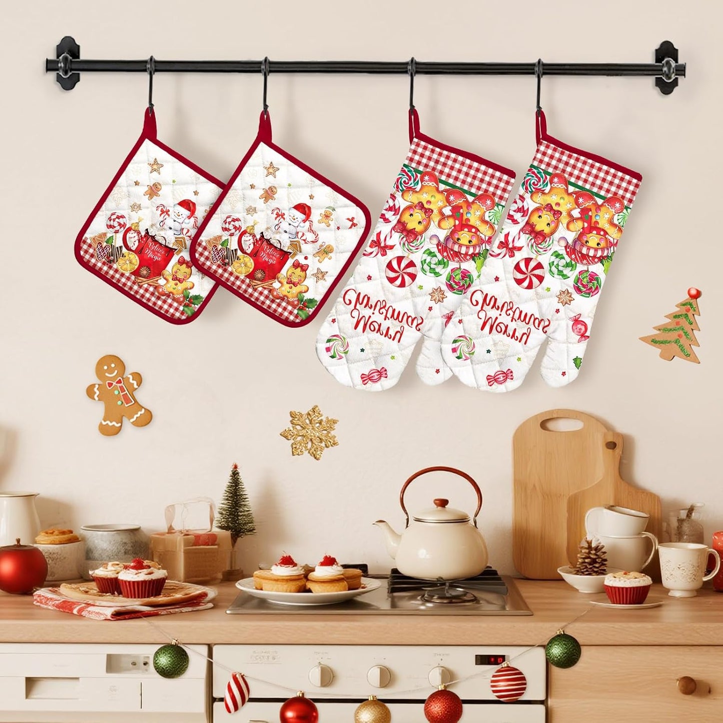 Christmas Gingerbread Oven Mitts and Pot Holders Sets 4Pcs, 100% Cotton Heat Resistant, Extra Long Oven Gloves Potholder for Kitchen Cooking Baking Decoration