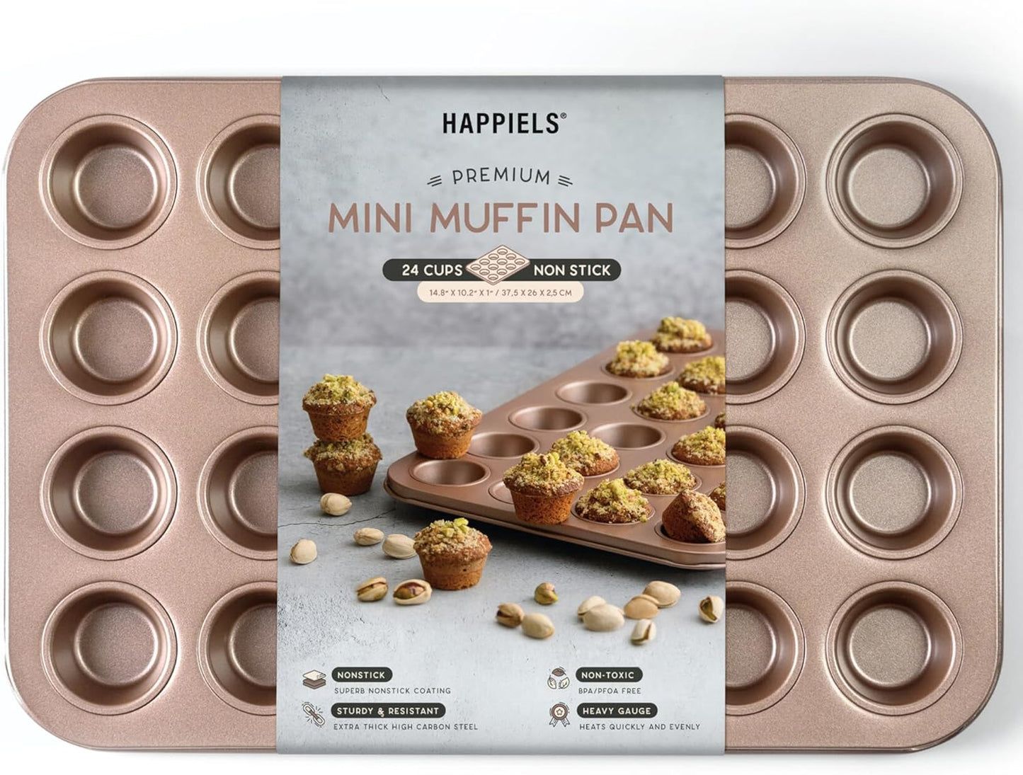 HAPPIELS Non Toxic Nonstick 24 Cup Mini Muffin Pan | PFOA BPA free Nontoxic Mini Cupcake Tin | Best Non Stick Muffin Pans | Carbon Steel Small Muffin tins | Cupcakes Bakeware Mold