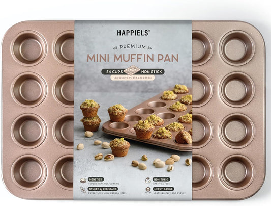 HAPPIELS Non Toxic Nonstick 24 Cup Mini Muffin Pan | PFOA BPA free Nontoxic Mini Cupcake Tin | Best Non Stick Muffin Pans | Carbon Steel Small Muffin tins | Cupcakes Bakeware Mold