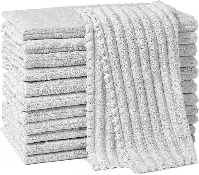Kitchen Dish Cloths,Super Absorbent Coral Velvet Dish Towels,Quick Drying Kitchen Towels No Lint Dish Rags,Reusable Household Microfiber Cleaning Cloth,12X12 inches(12 Pack,Light Grey Streak)