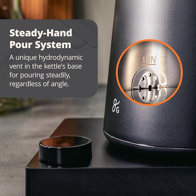 Greater Goods Electric Gooseneck Kettle, 1200W Stainless Steel with Precision Temperature Control, Fast Boil, BPA-Free, Ideal for Pour Over Coffee and Tea,1L (Onyx Black)