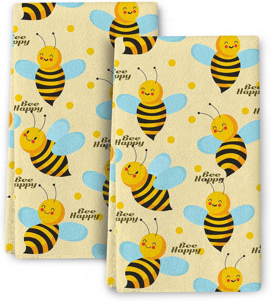 Cukemip Cute Bee Decorative Dish Towels for Drying Dishes,Yellow Kitchen Towels and Dishcloths Sets Absorbent Summer Tea Towels Hand Towels Set of 2 for Kitchen Cooking Baking Farmhouse Decor