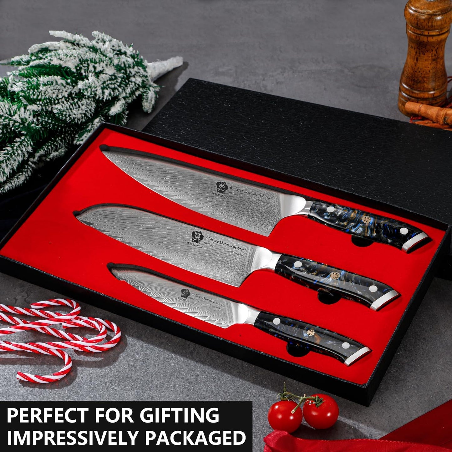 WILDMOK Damascus Kitchen Knife Sets 3 PCS, Japanese Kitchen Knife Set Damascus Steel Core, Ultra-Sharp Professional Chef Knife Set and Full Handle, Gift Box