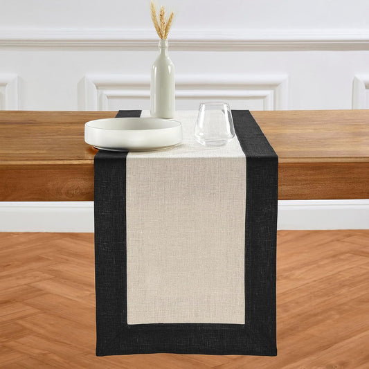 Solino Home Linen Table Runner 48 Inches - 100% Pure Linen Black and Natural Short Table Runner 14 x 48 Inch Ideal for Dresser and Coffee Tables - Contempo - Thanksgiving