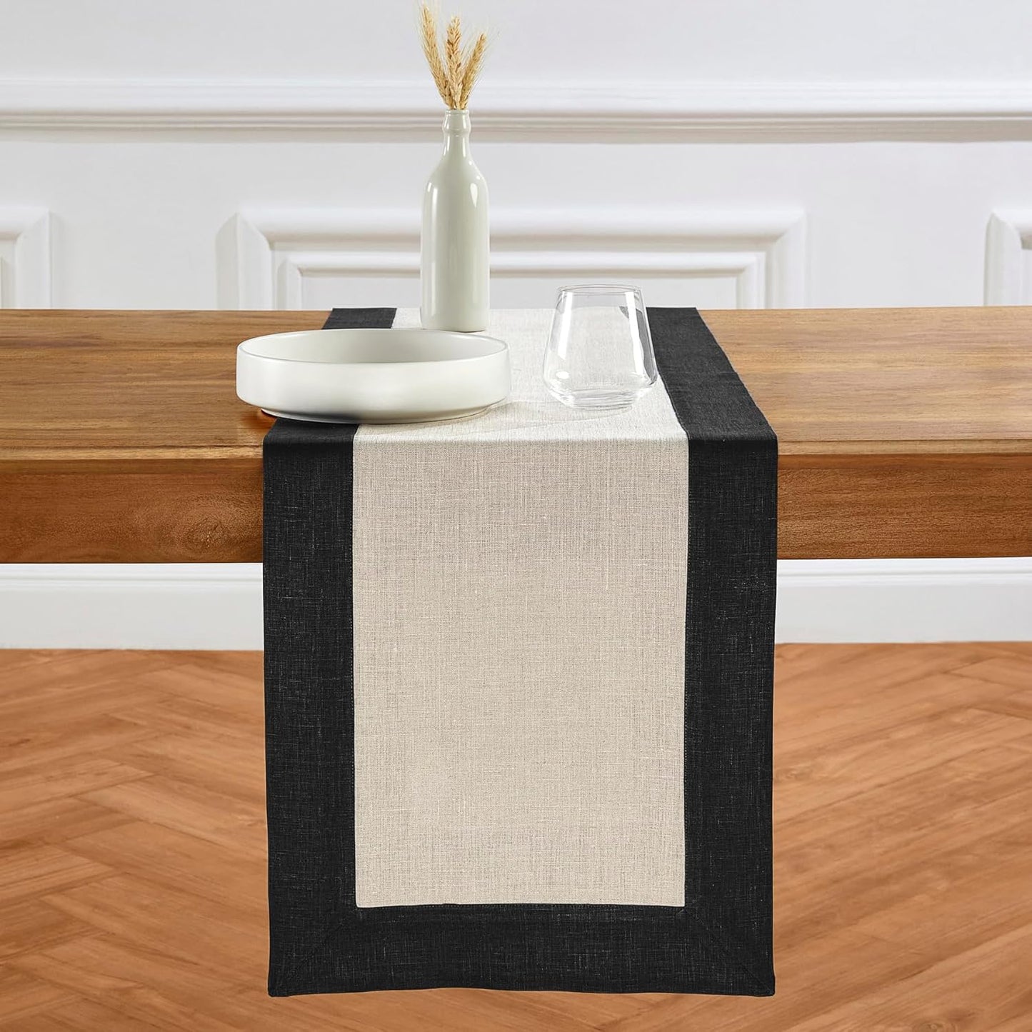Solino Home Linen Table Runner 108 Inches Long - Black and Natural 100% Pure Linen 14 x 108 Inch Table Runner for Dining, Fall, Autumn, Halloween, Thanksgiving - Contempo