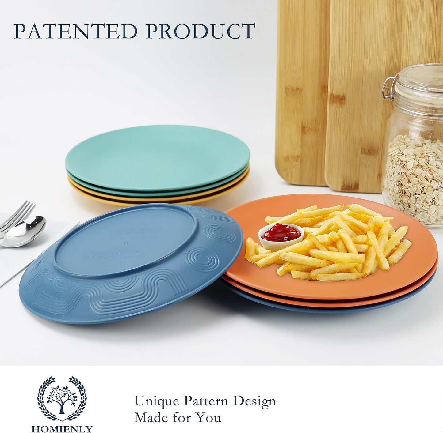 Homienly Flat Dinner Plates Set of 8 Alternative for Plastic Plates Microwave and Dishwasher Safe Wheat Straw Plates for Kitchen Unbreakable Kids Plates with Pattern (Multi, 9 inch), MS 01