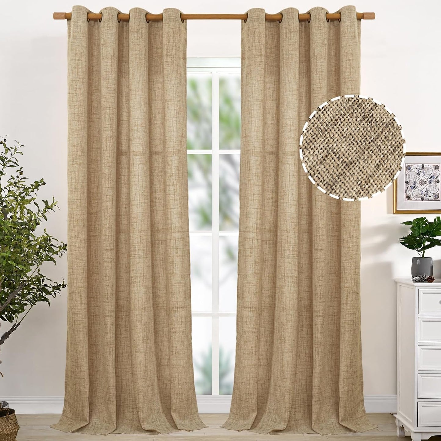 YoungsTex Linen Curtains 95 Inches Long Bronze Grommet Burlap Textured Curtain Light Filtering Window Drapes for Living Room Dining Room Farmhouse, Toffee, 2 Panels, 52 X 95 Inch